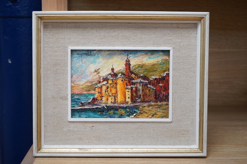 Giorgio Taddei (Italian, 1892-1974), impasto oil on board, ‘Golfo Paradiso’, signed, label verso, 12 x 17cm. Condition - good